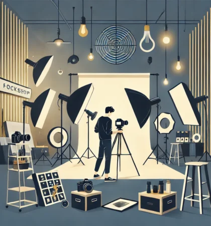 DALL·E 2024-10-19 15.55.17 - A scene of a storytelling-style graphic without text that visually represents a photography workshop in a professional photo studio. The scene shows a
