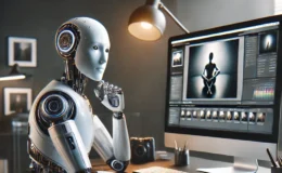 DALL·E 2025-03-13 13.26.16 - A detailed image of a humanoid robot sitting at a sleek, minimalist workspace, editing photographs on a modern desktop computer. The environment shoul copy