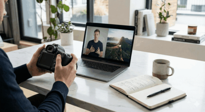 Fotograf sleduje online kurz fotografie a učí sa pracovať s fotoaparátom so zameraním na výsledok